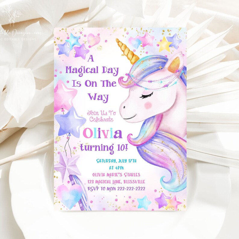 The Printable Occasions offers custom wedding birthday and baby shower templates for every celebration. Editable unicorn birthday invitation with watercolor rainbow unicorn and pastel stars. Printable girl unicorn party invite with magical theme. Includes free matching favor tags. Perfect for kids birthday parties and instant download on Corjl. Create your own unique unicorn party invitation design in minutes.