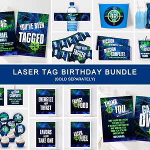 May include: A laser tag birthday party printable bundle featuring blue and green laser light graphics, target icons, and text including Laser Tag Party, You've Been Tagged, Mission Complete, Zap Energy Juice, and Game Over.