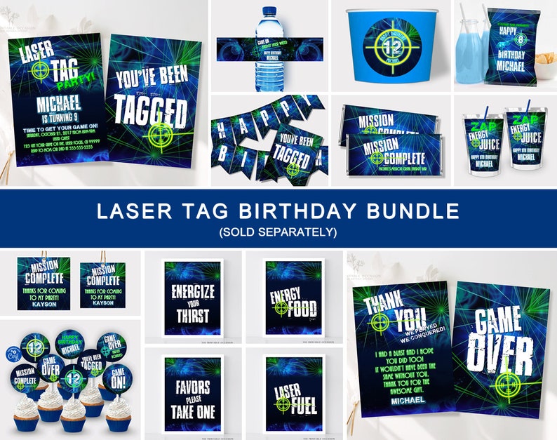 May include: A laser tag birthday party printable bundle featuring blue and green laser light graphics, target icons, and text including Laser Tag Party, You've Been Tagged, Mission Complete, Zap Energy Juice, and Game Over.