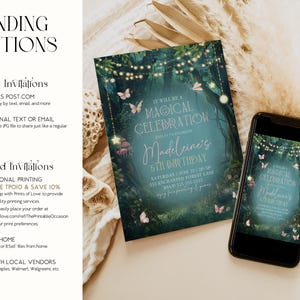 Digital and print options shown for the enchanted forest birthday invitation, editable in Canva. Perfect for a woodland birthday or fairy garden party, this enchanted invite can be sent digitally or printed. Featuring butterflies, magical lights, and enchanted greenery, this woodland girls birthday invitation is versatile and easy to customize.
