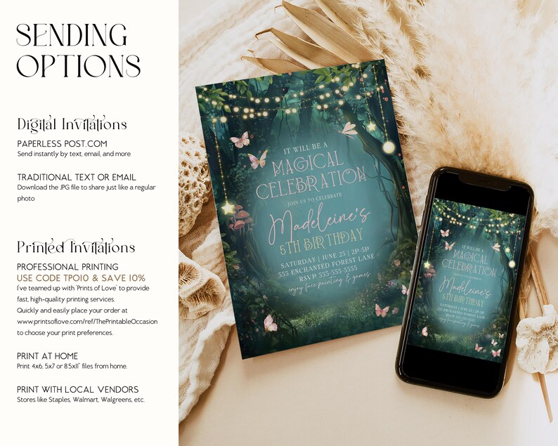Digital and print options shown for the enchanted forest birthday invitation, editable in Canva. Perfect for a woodland birthday or fairy garden party, this enchanted invite can be sent digitally or printed. Featuring butterflies, magical lights, and enchanted greenery, this woodland girls birthday invitation is versatile and easy to customize.