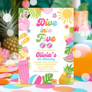 EDITABLE Dive Into Five 5th Birthday Party Invitation Tropical Summer Splish Splash Girly Pool Birthday Party Instant Download P5 image 4