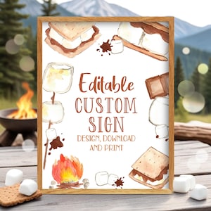 Editable Custom Smores Sign Template Printable Smores Party Food Sign Template Custom Smores Table Sign Station Bar Printable Sign Corjl SM3