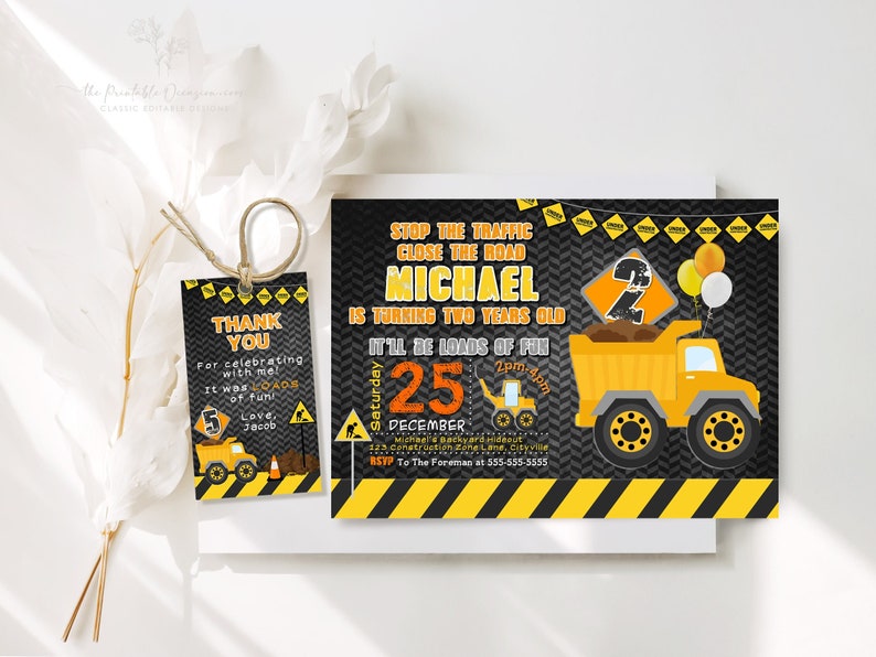 Editable Construction Invitation, Construction Birthday Invitations, Dump Truck Party Invite, Printable template Digital Instant download C1 image 1