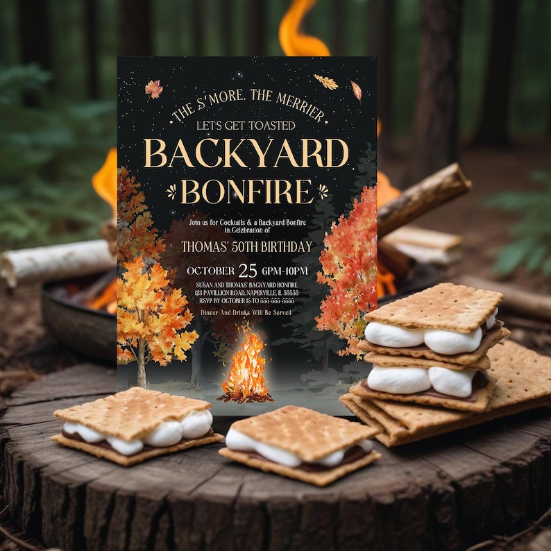Playful s more themed bonfire invitation shows falling leaves, fire pit flames, and stylish gold lettering across a starry night sky. Fun phrase about toasting s mores adds a campfire party touch. Card sits on a rustic wood slice with graham crackers and marshmallow treats nearby. Forest background and dessert props build a cozy campfire snack scene.