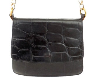 JOAN & DAVID zwarte leren portemonnee moc krokodillenleer portemonnee crossbody tas gouden metalen ketting schouderriem zwart leren emmertas