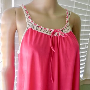 60s CHIFFON Nightgown VANITY FAIR Chiffon Babydoll Fuchsia Pink Nylon Chiffon Nightie White Lace Trim Low Back Adjustable Sizing Small-Large