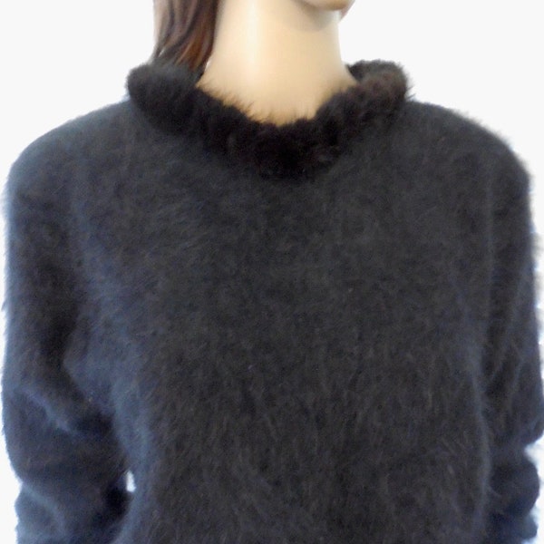 ANGORA Sweater CONNIE LEE Black Rabbit Fur Sweater Mink Trim Sweater 80s Pullover Sweater Ribbed Fuzzy Fur Sweater Boho Chic Medium Tall