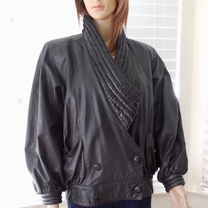80s Black LEATHER Jacket CHICHE FARRACE Women&#39;s Oversized Leather Jacket Double Button Low Waist Coat Leather Bomber Mod Chic Size 8 Medium