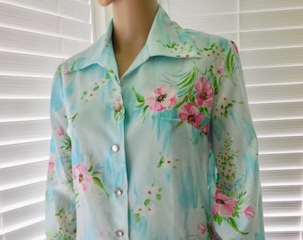 60s FLORAL Blouse PYKETTES Long Sleeve Blouse Button Up Blouse Pearly Buttons Wide Collar Rockabilly Blouse Boho Chic Blouse Size 6 Petite