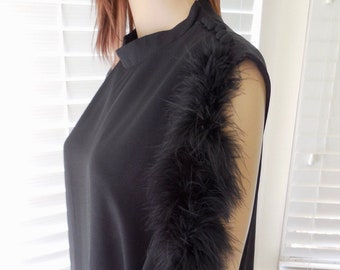 60's Black CHIFFON Feather DRESS Elegant Formal Black Dress Sleeveless Feather Trim Dress Size 14 Usa
