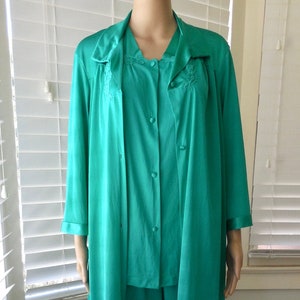 Vintage PAJAMA Set VANITY FAIR 3 pc Set Emerald Green Nylon Robe Button Top N Long Pants Lounge Wear Satin Trim Vintage Lingerie Size Large