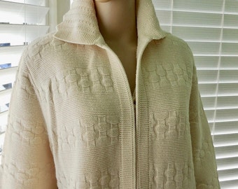 60s KNIT Maxi SWEATER Open Front Knit Sweater Cream Sweater Wide Scallop Collar Sweater Knit Granny Sweater Boho Chic Size Medium-Large