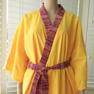 Yellow KIMONO ROBE Short Kimono Yellow Cotton Robe Red Guatemalan Trim Sash Belt Dressing Robe Women&#39;s Robe Men&#39;s Robe Unisex Robe One Size
