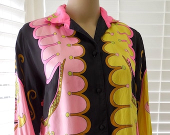 60s SILK Blouse OLEG CASSINI Mod Psychedelic Blouse Long Sleeve Button Up Blouse Abstract Print Black Pink Yellow Silk Top Size Medium 8