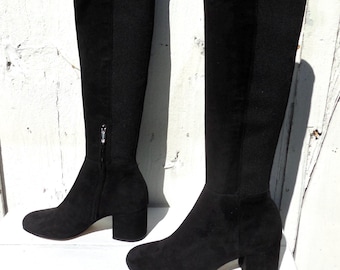 WILDLEDER kniehohe Stiefel SAM EDELMAN schwarze Wildleder Stiefel High Heel Stiefel Go Go Stiefel innen Knöchel Reißverschluss Boho Chic Stiefel Ungetragen Gr. 10