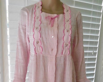 60s Pink SEERSUCKER Robe WACOAL Full Length Snap Front Robe Empire Waist Ruffles Embroidered Trim Long House Robe Size Small-Medium