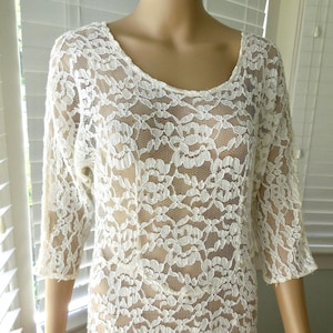 Vintage SHEER LACE Dress See Through Lace Dress Long Lace Dress Ivory Lace Pullover Full Dress Bohemian Wedding Dress Size Med-Large Usa