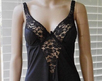 70s BLACK Lace Slip HENSON KICKERNICK Underwire Padded Bra Slip Sheer Black Lace Midi Slip Shapewear Slip 70s Lingerie Size 32 B