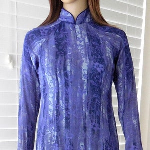 PURPLE Silk Chinese CHEONGSAM Qipao Semi Sheer Silk Cheongsam Tea Gown Asian Maxi Dress Long Sleeve Qipao Mandarin Collar Size XX Small-00