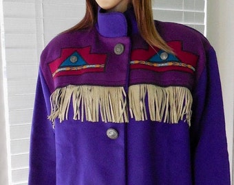 SOUTHWESTERN Wool Jacket MARY LOU Ozbolt Designer Jacket Leather Fringe Patchwork Jacket Western Cowgirl Jacket Horse Buttons Size Medium