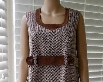 60s WOOL Romper JORI Of CALIFORNIA Brown Tweed Dress Mod Wool Shift Sleeveless Scotter Dress Twiggy Style Shift Mock Belt Size Large