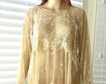 SHEER Lace OVERDRESS Champagne Lace Dress See Through Dress Long Sleeve Beach Cover Up Elegant Resort Wear Sheer Floral Dress Size 8 Medium