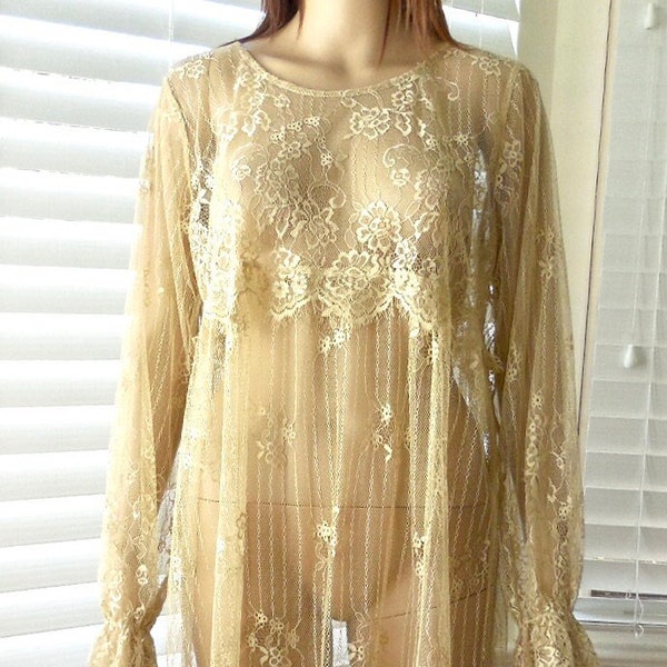 SHEER Lace OVERDRESS Champagne Lace Dress See Through Dress Long Sleeve Beach Cover Up Elegant Resort Wear Sheer Floral Dress Size 8 Medium