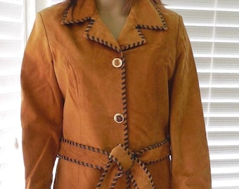 80s SUEDE Cowgirl Coat SCULLY Belted Suede Trench Coat Western Coat Whip Stitch Trim Antler Buttons Boho Chic Suede Coat Size Medium 6