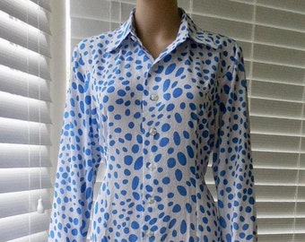 Vintage POLKA DRESS Button Up Dress Semi Sheer Dress Shirt Collar Blue N White Polka Dot Full Button Down Long Sleeves Boho Chic Size 8 Med