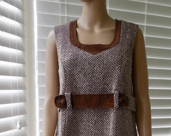 60's MOD WOOL Dress JORI Of California Brown Tweed Wool Shift Sleeveless Wool Romper Twiggy Dress Mock Belt Size Large