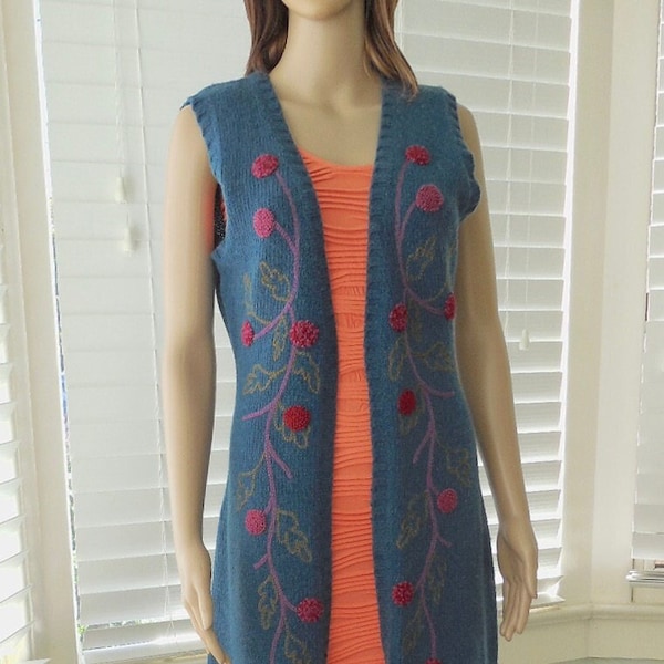 LONG SWEATER Vest Open Front Sweater Sleeveless Knit Sweater Vest Embroidered Flowers Full Length Sweater Boho Hippie Duster Size X Small