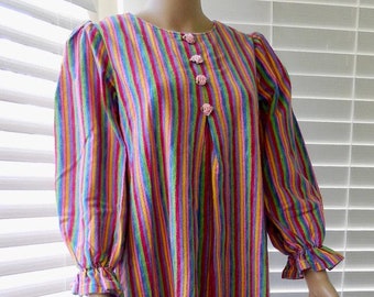 70s FLANNEL NIGHTGOWN Pin Striped Cotton Flannel Nightgown Long Ruffle Sleeves Vintage Flannel Nightgown Satin Roses Unworn Size 2 Petite