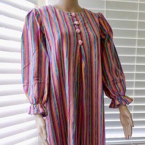 Vintage FLANNEL NIGHTGOWN Striped Cotton Flannel Nightgown Long Sleeves Flannel Nightgown Ruffles Satin Roses Unworn Size 2 Petite