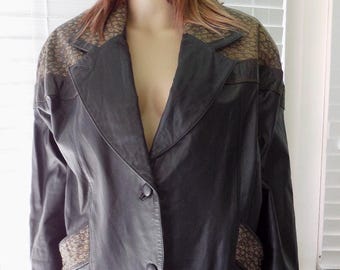 80s BLACK LEATHER Coat PELLE New York Patchwork Leather Coat Two Tone Leather Coat Western Wear Cowgirl Jacket Boxy Leather Coat Size Medium