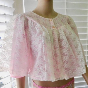 60s BED JACKET NANETTE Sheer White Lace And Pink Nylon White Lace Overlay Double Layer Bed Jacket Old Hollywood Lingerie Unworn Size Small