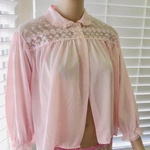 60s Pink Nylon BED Jacket PHIL MAID Vintage Bed Jacket Sheer Pink Embroidered Chiffon Trim Rockabilly Lingerie Loungewear Size Medium Usa
