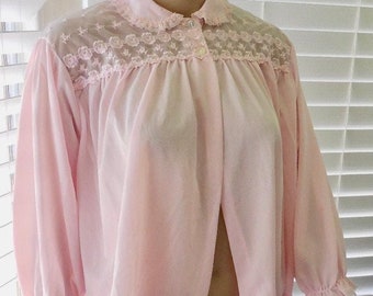 60s Pink Nylon BED Jacket PHIL MAID Vintage Bed Jacket Sheer Pink Embroidered Chiffon Trim Rockabilly Lingerie Loungewear Size Medium Usa