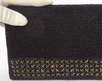 60s WALBORG BEADED Clutch Black Beaded Silk Clutch Hand Beaded Evening Bag Small Opera Bag Formal Black Clutch Hong Kong