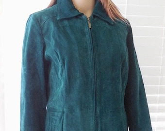 Teal SUEDE Jacket DENNIS BASSO Suede Leather Jacket Suede Coat Zip Up Jacket Suede Blazer Size 8 Medium