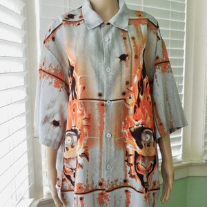 FLAMING Skull Shirt ROCKHOUSE ROADHOUSE Shirt Men's Polyester Shirt Punk Rock Button Up Shirt Rave Shirt Size Xx Large