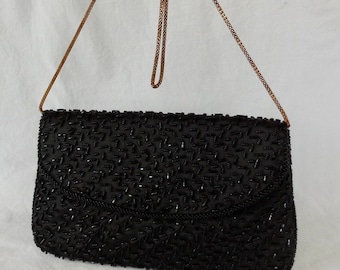 BLACK Beaded Purse ANDRE&#39; CELLINI Beaded Clutch Purse Hand Beaded Satin Clutch Bronze Shoulder Chain Convertible Beaded Opera Bag Purse