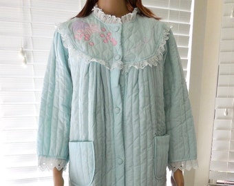QUILTED Housecoat Long Quilted Robe Button Up House Robe Applique Bodice White Eyelet Lace Trim Mid Calf Robe Warm Winter Robe Size Small