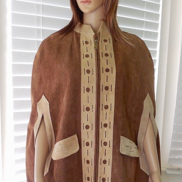 70s SUEDE Hippie PONCHO Patchwork Suede And Leather Cape Suede Poncho Penny Lane Cape Mexican Style Leather Poncho Zip Up Boho Chic Small