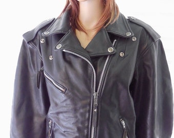 Chaqueta de cuero vintage HARLEY DAVIDSON, chaqueta de motociclista de cuero negro, chaqueta de motera, cuero grueso de vaca, talla grande para mujer, EE. UU.