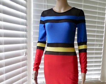MOD Bodycon Dress Spandex Pencil Dress Midi Dress Long Sleeve Dress Stripped Black Blue Red Yellow Wiggle Dress Semi Sheer Poly Size Small 4