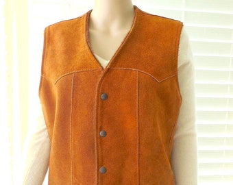 Mens SUEDE Leather Vest PIONEER WEAR Suede Vest Fleece Lined Western Cowboy Vest Marlboro Man Rugged Snap Up Waistcoat Size Small 38 Usa
