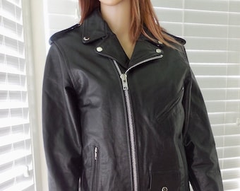 VINTAGE Black Leather Jacket From 1980s With Collar, Bottom
