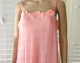 CHIFFON Nightgown GOSSARD ARTEMIS Sheer Chiffon Overlay Nylon Nightgown Long Pink Nightie Spaghetti Straps Satin Applique Trim Size Medium