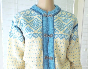 Vintage DALE Of NORWAY cardigan pull Fair Isle Nordic Cardigan fermetures en étain laine vierge bleu crème femmes pull de ski taille X petit